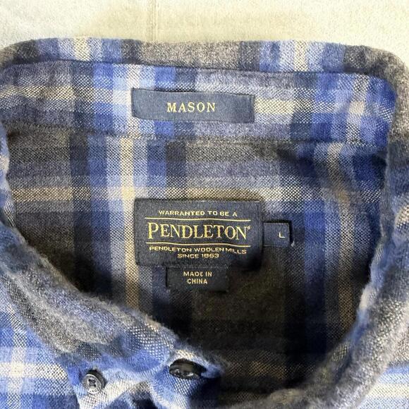 Pendleton Mason Shirt Mens Large Blue Gray Plaid Flannel Button Up Long Sleeve - Picture 4 of 7